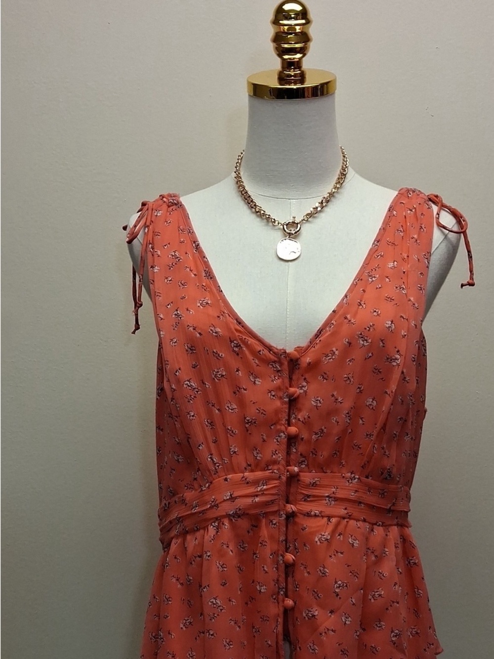 Floral Tie-Shoulder V-Neck Coral Dress